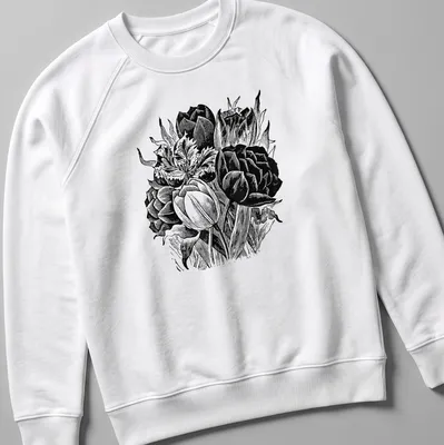Black and white vintage botanical print of tulips on a — printed on a unisex sweatshirt