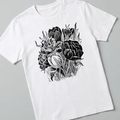 Black and white vintage botanical print of tulips on a — printed on a unisex t-shirt