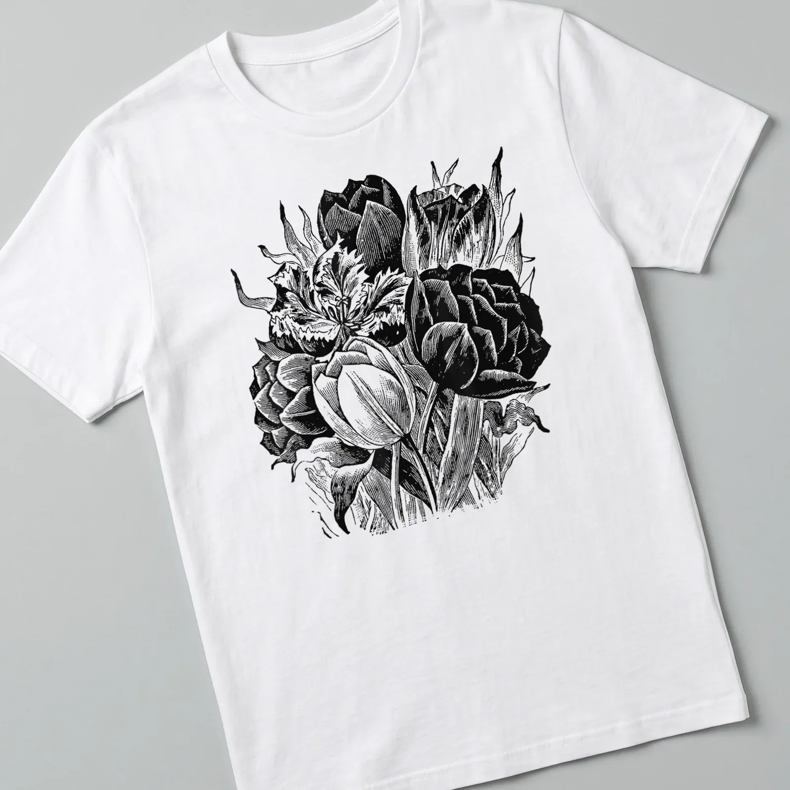 Black and white vintage botanical print of tulips on a — printed on a unisex t-shirt