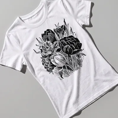Black and white vintage botanical print of tulips on a — printed on a women's shirt
