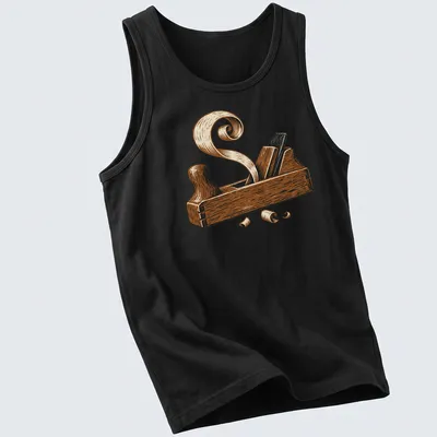 Illustration of a vintage hand plane with wood shavings in brown and beige — printed on a tank top