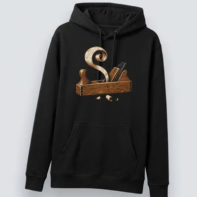 Illustration of a vintage hand plane with wood shavings in brown and beige — printed on a unisex hoodie