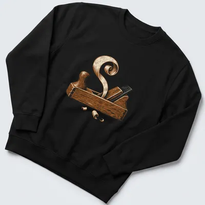 Illustration of a vintage hand plane with wood shavings in brown and beige — printed on a unisex sweatshirt