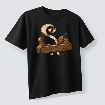 Illustration of a vintage hand plane with wood shavings in brown and beige — printed on a unisex t-shirt (angled view)