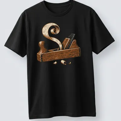 Illustration of a vintage hand plane with wood shavings in brown and beige — printed on a unisex t-shirt