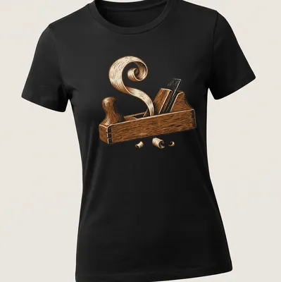 Illustration of a vintage hand plane with wood shavings in brown and beige — printed on a women's shirt