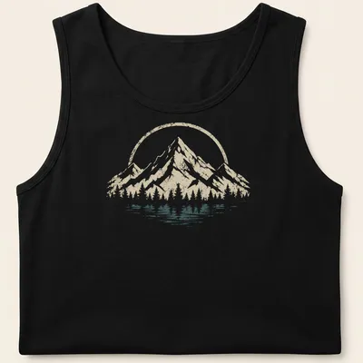 Retro distressed t-shirt featuring mountains and trees in beige, white, and dark teal — printed on a tank top