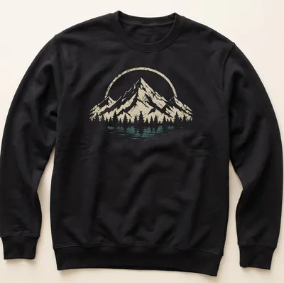 Retro distressed t-shirt featuring mountains and trees in beige, white, and dark teal — printed on a unisex sweatshirt