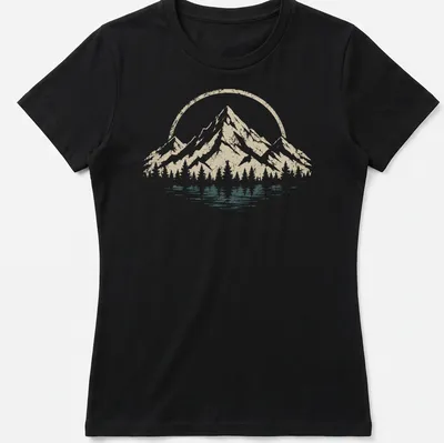 Retro distressed t-shirt featuring mountains and trees in beige, white, and dark teal — printed on a women's shirt