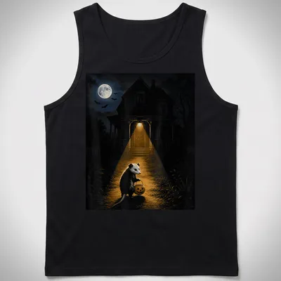 Opossum with pumpkin bucket in a spooky night scene for Halloween — printed on a tank top