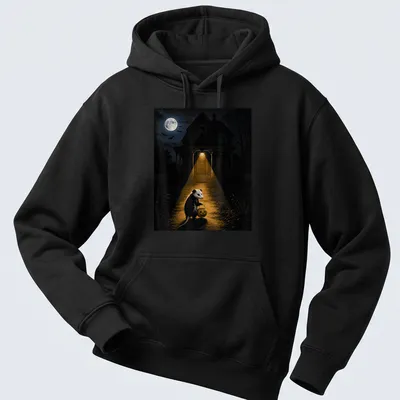 Opossum with pumpkin bucket in a spooky night scene for Halloween — printed on a unisex hoodie