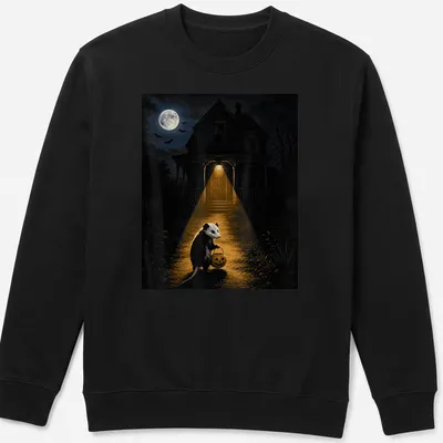 Opossum with pumpkin bucket in a spooky night scene for Halloween — printed on a unisex sweatshirt
