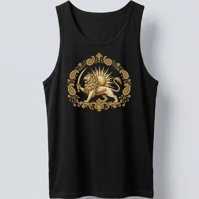 Vintage design featuring a Persian lion and sun emblem in gold and cream. — printed on a tank top