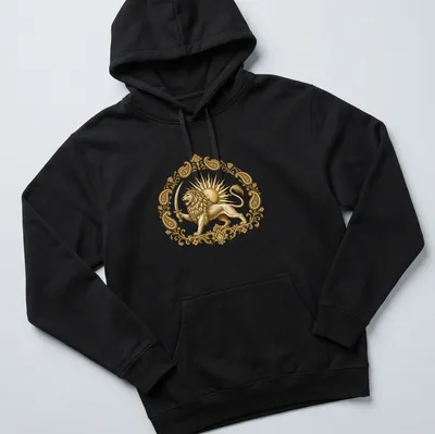 Vintage design featuring a Persian lion and sun emblem in gold and cream. — printed on a unisex hoodie