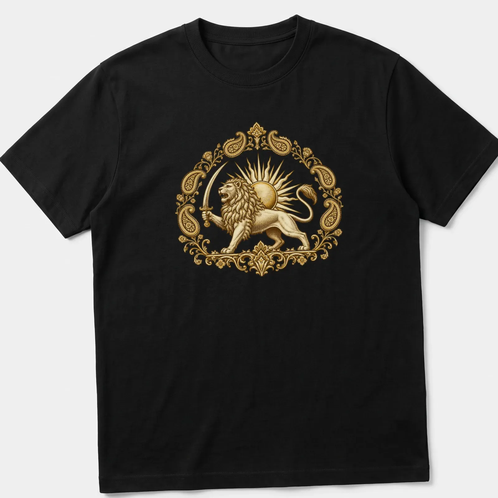Vintage design featuring a Persian lion and sun emblem in gold and cream. — printed on a unisex t-shirt