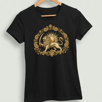 Vintage design featuring a Persian lion and sun emblem in gold and cream. — printed on a women's shirt