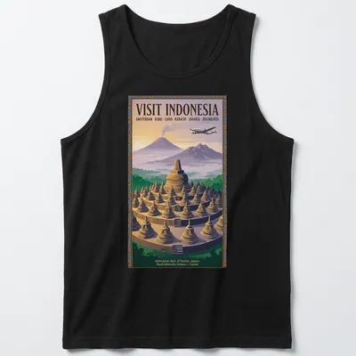 Vintage travel poster t-shirt featuring Borobudur temple with travel destinations listed — printed on a tank top