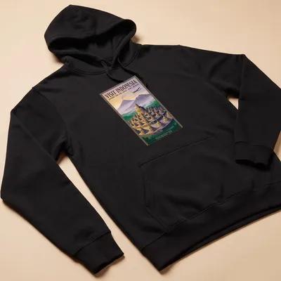Vintage travel poster t-shirt featuring Borobudur temple with travel destinations listed — printed on a unisex hoodie