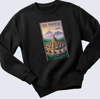 Vintage travel poster t-shirt featuring Borobudur temple with travel destinations listed — printed on a unisex sweatshirt