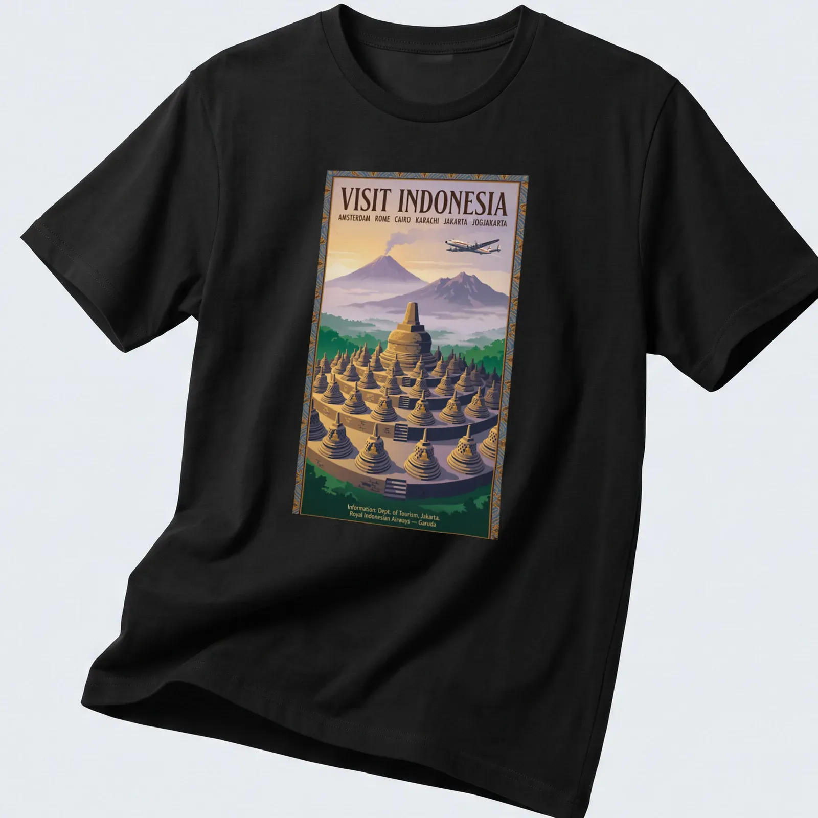 Vintage travel poster t-shirt featuring Borobudur temple with travel destinations listed — printed on a unisex t-shirt