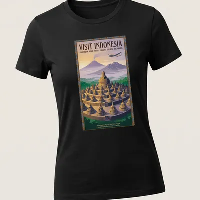 Vintage travel poster t-shirt featuring Borobudur temple with travel destinations listed — printed on a women's shirt