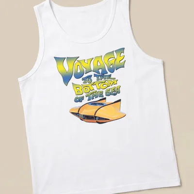 Bold retro design featuring a yellow submarine with colorful text above. — printed on a tank top