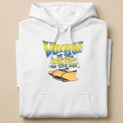 Bold retro design featuring a yellow submarine with colorful text above. — printed on a unisex hoodie
