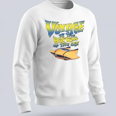 Bold retro design featuring a yellow submarine with colorful text above. — printed on a unisex sweatshirt