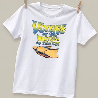 Bold retro design featuring a yellow submarine with colorful text above.