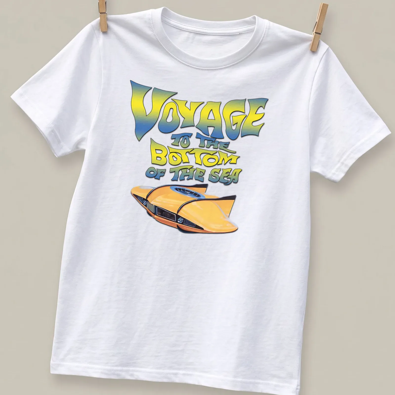 Bold retro design featuring a yellow submarine with colorful text above. — printed on a unisex t-shirt