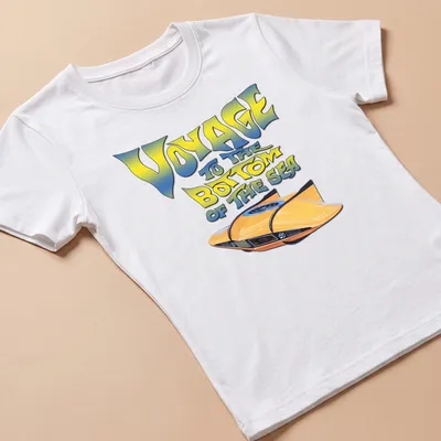 Bold retro design featuring a yellow submarine with colorful text above. — printed on a women's shirt