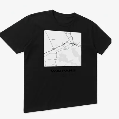 Minimalist design with Waipahu coordinates in black and white typography. — printed on a unisex t-shirt (angled view)