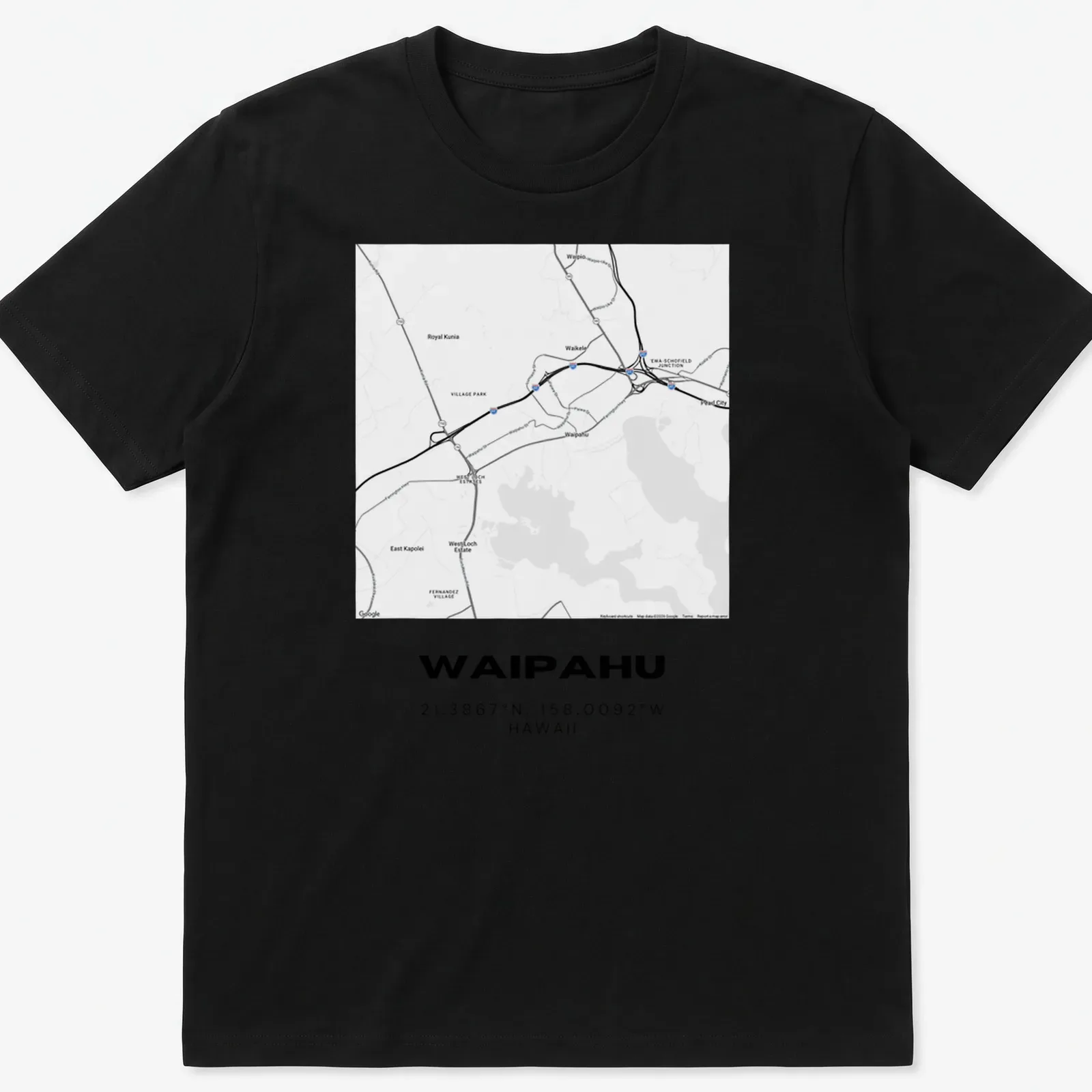 Minimalist design with Waipahu coordinates in black and white typography. — printed on a unisex t-shirt
