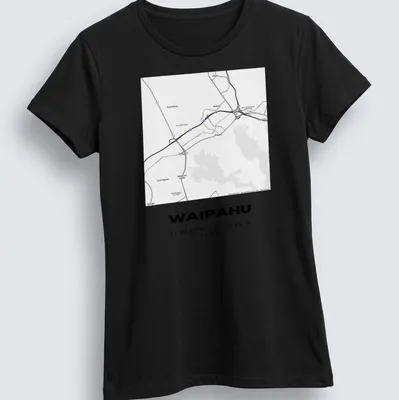 Minimalist design with Waipahu coordinates in black and white typography. — printed on a women's shirt