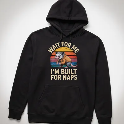 Vintage retro T-shirt featuring possums and the phrase about napping in bright colors — printed on a unisex hoodie