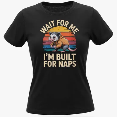 Vintage retro T-shirt featuring possums and the phrase about napping in bright colors — printed on a women's shirt