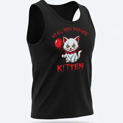 Cartoonish white kitten holding a red balloon with horror elements — printed on a tank top