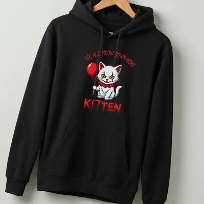 Cartoonish white kitten holding a red balloon with horror elements — printed on a unisex hoodie