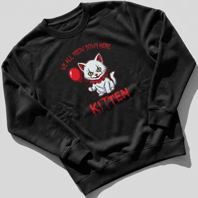 Cartoonish white kitten holding a red balloon with horror elements — printed on a unisex sweatshirt