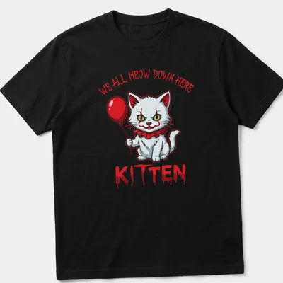 Cartoonish white kitten holding a red balloon with horror elements — printed on a unisex t-shirt