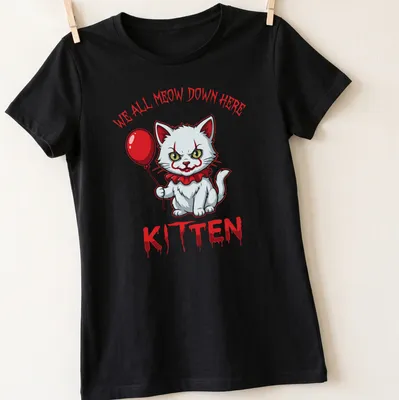Cartoonish white kitten holding a red balloon with horror elements — printed on a women's shirt