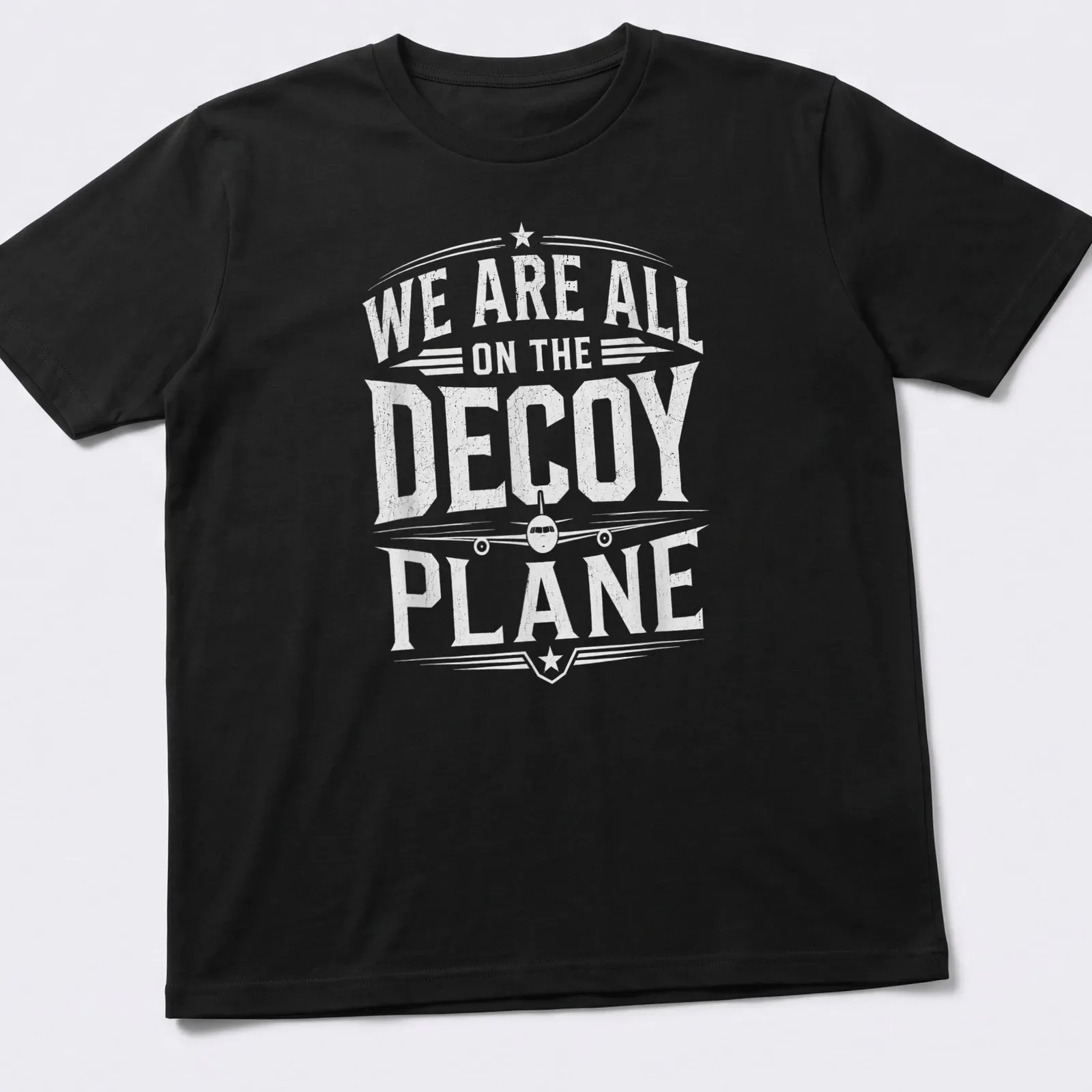 Vintage distressed t-shirt featuring humorous text about a decoy plane and aircraft illustration. — printed on a unisex t-shirt