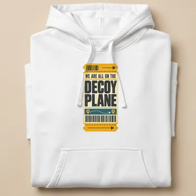 Vintage ticket style t-shirt with humorous quote about decoy planes — printed on a unisex hoodie