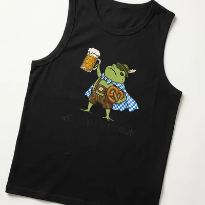 Kawaii frog cartoon holding a beer stein with text 'We Prost At Dawn' — printed on a tank top