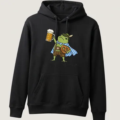 Kawaii frog cartoon holding a beer stein with text 'We Prost At Dawn' — printed on a unisex hoodie