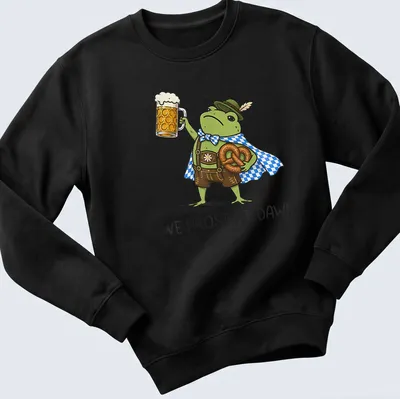Kawaii frog cartoon holding a beer stein with text 'We Prost At Dawn' — printed on a unisex sweatshirt