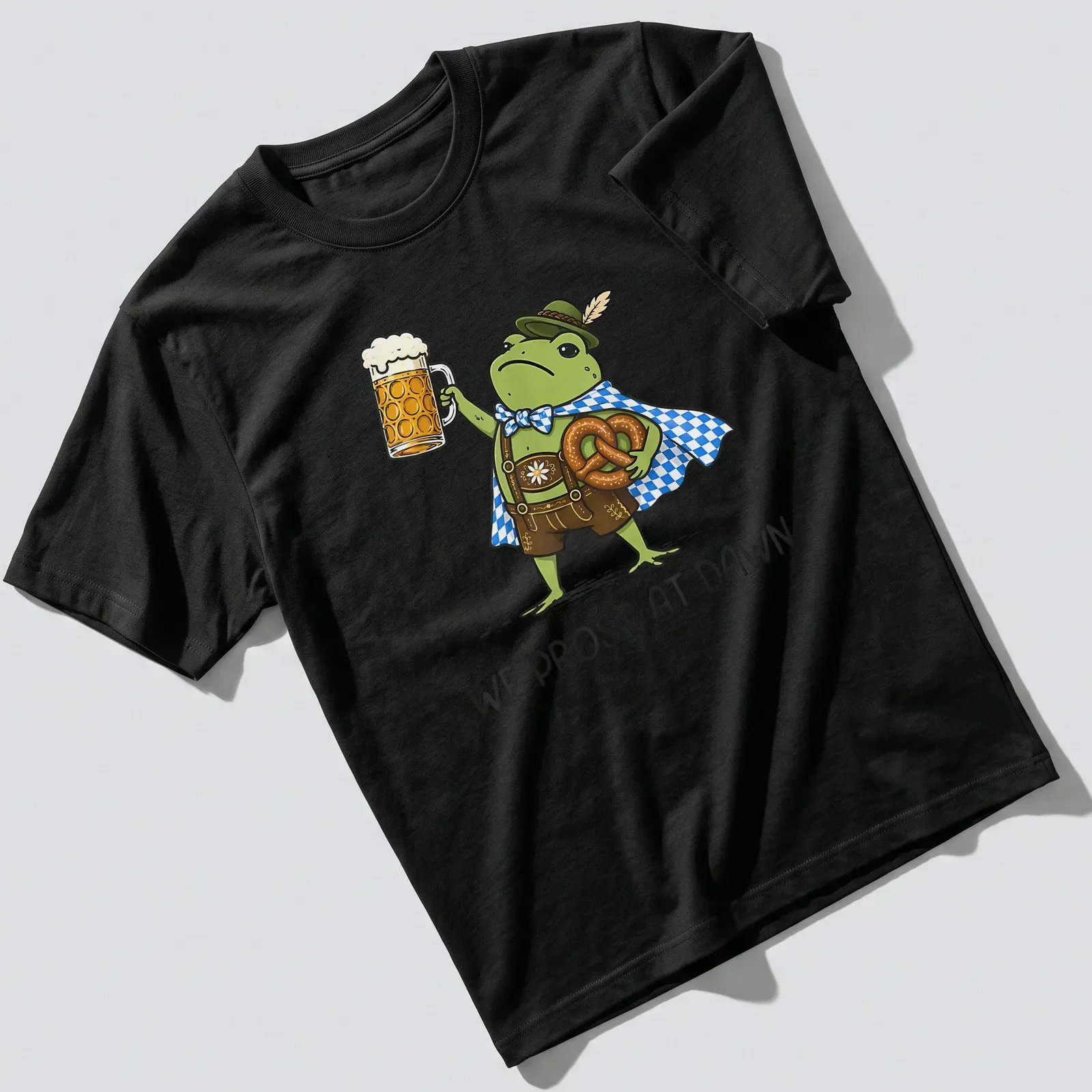 Kawaii frog cartoon holding a beer stein with text 'We Prost At Dawn' — printed on a unisex t-shirt