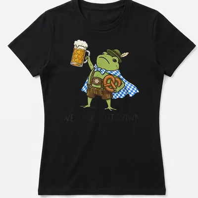 Kawaii frog cartoon holding a beer stein with text 'We Prost At Dawn' — printed on a women's shirt