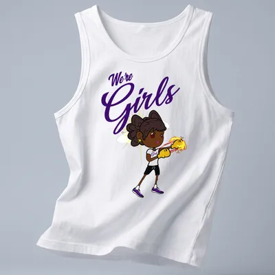 Cartoon boxer girl with gloves, playful text We're Girls in fun colors — printed on a tank top
