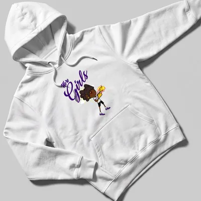 Cartoon boxer girl with gloves, playful text We're Girls in fun colors — printed on a unisex hoodie